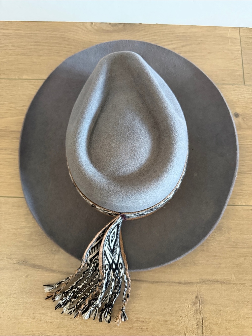 Western Woven Band Wide-Brim Felt Fedora Hat Rodeo Gray Wool Felt Size 58 Boho - Picture 5 of 7